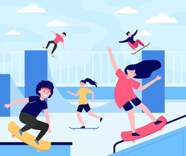 Fun extreme skateboard park flat illustration