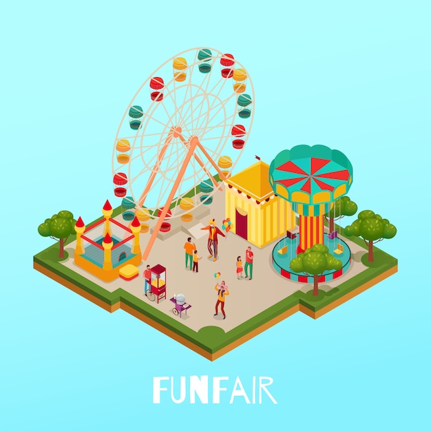 Fun fair with visitors circus performance and attractions on blue background isometric illustration