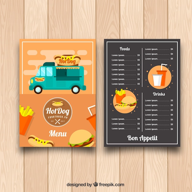 Menu di camion di cibo divertente con disegno piatto