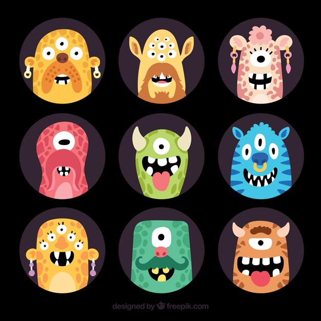 Free Vector fun pack of happy mosnters avatars