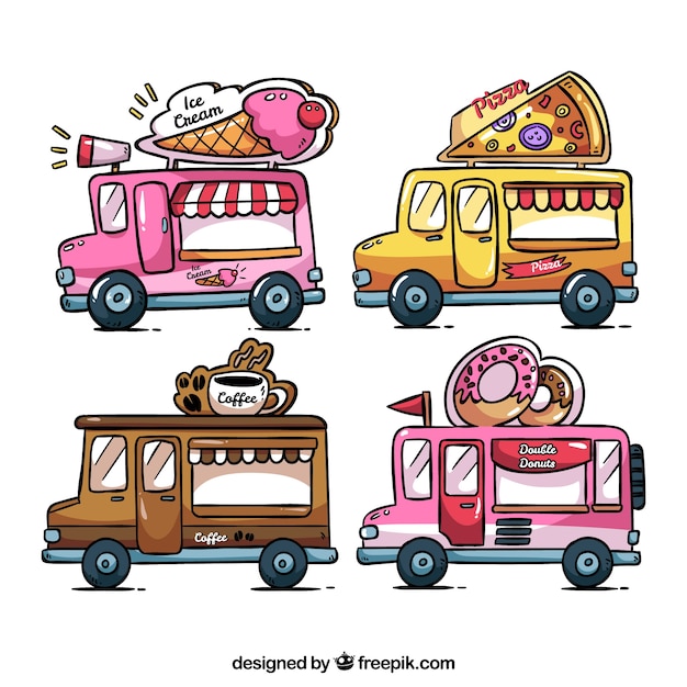 Free vector fun set of hand drawn food trucks