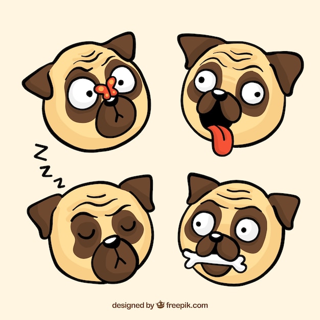 Free vector fun set of hand drawn pugs