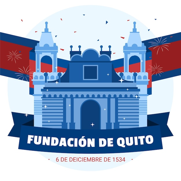 Vettore gratuito fundacion de quito bandiera e fuochi d'artificio