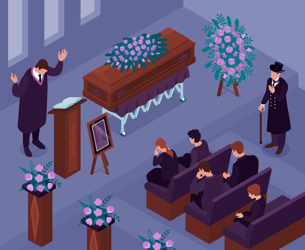 Free vector funeral ceremony isometric background with  priest and sad family members in black clothes near coffin vector illustration