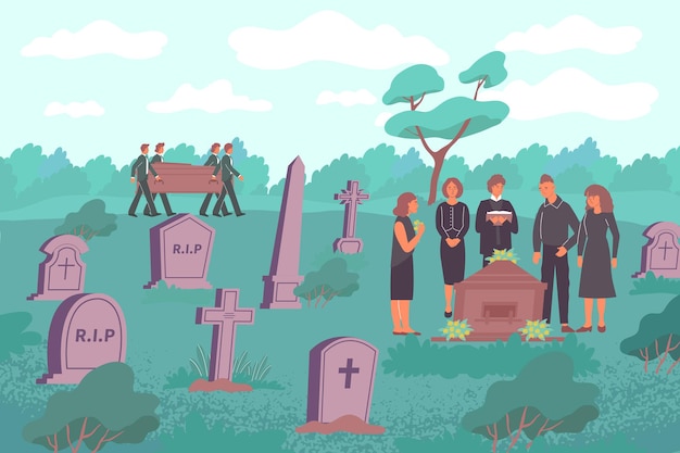 Free vector funeral flat composition with cemetery landscape with stone graves and human characters carrying wooden eternity box illustration