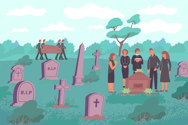 funeral flat composition with cemetery landscape with stone graves and human characters carrying wooden eternity box illustration