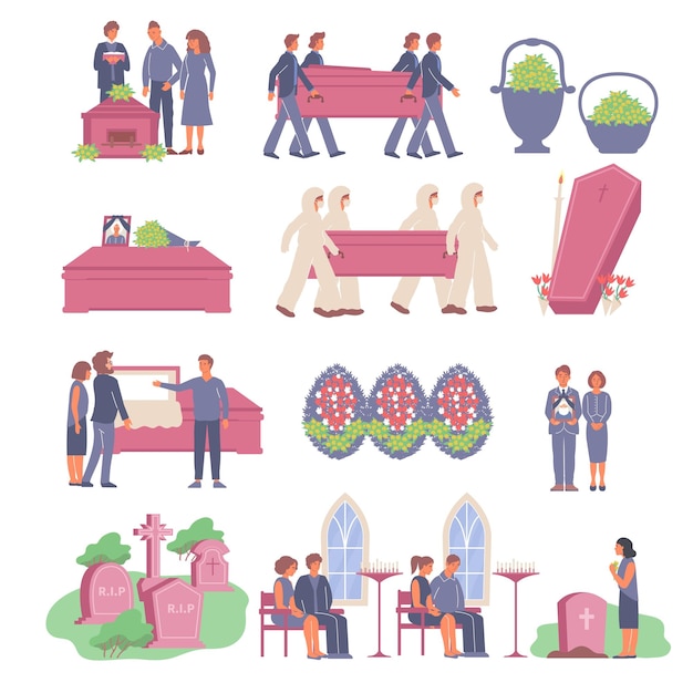 Free vector funeral set of isolated icons with images of wreath eternity box and graves with human characters vector illustration