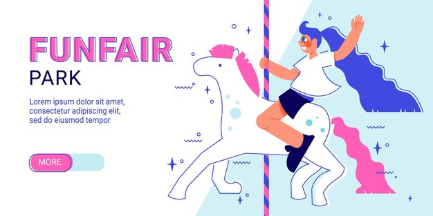 Free vector funfair  amusement  park  horizontal  banner  with  slider  more  button  editable  text  and  girl  character  riding  unicorn