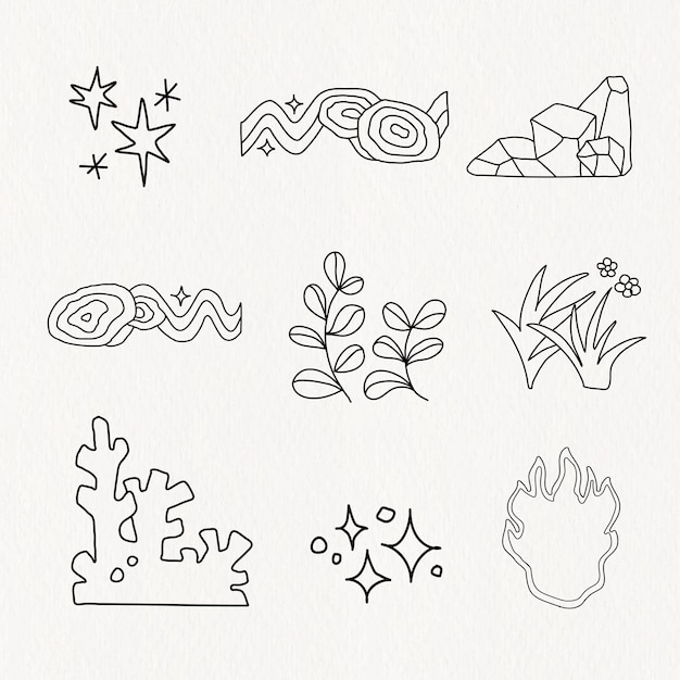 Funky doodle design line art, collage element set vector