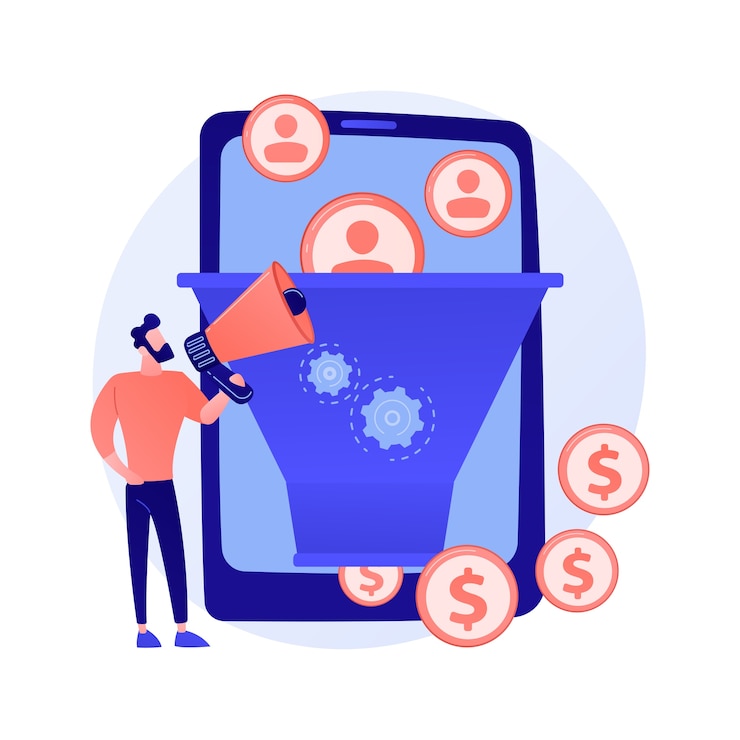 Free Vector funnel sales strategy. profit monetization. target audience, lead generation. conversion marketing. marketologist cartoon character. online business concept illustration