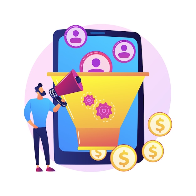 Free vector funnel sales strategy. profit monetization. target audience, lead generation. conversion marketing. marketologist cartoon character. online business.