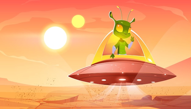 Funny alien in spaceship hover above mars surface