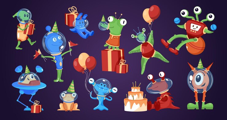 Free Vector funny aliens with presents balloons in birthday party hats tasting tier cake cartoon characters set illustration