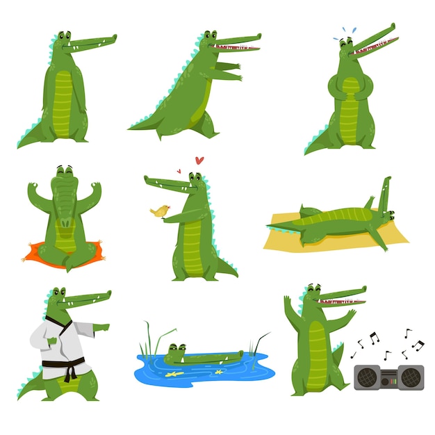 Funny alligator cartoon character illustration set