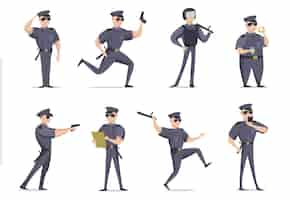 Free vector funny american policeman in different poses flat item set