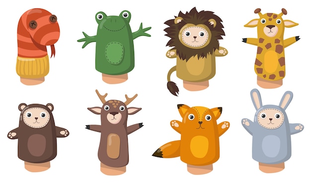 Funny Animal Hand Puppets Flat Set For Web Design. Cartoon Toys From Socks For Kids Isolated Vector Illustration Collection. Show And Home Theatre Concept