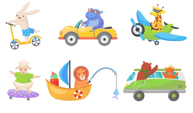 Free vector funny animals on transport flat mascots set