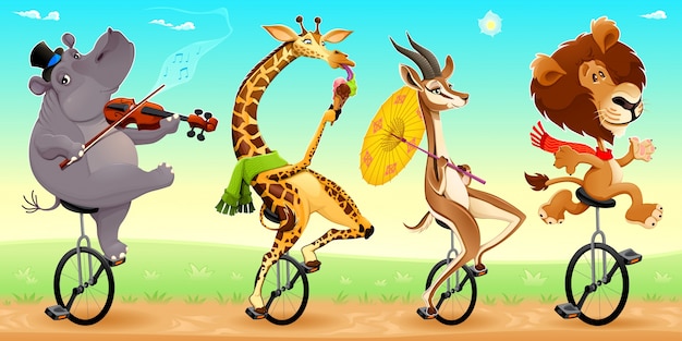 Funny animals on unicycles