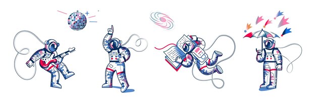 Забавный астронавт в космосе поставил человека, танцующего под фанковую дискотеку, играющего на гитаре, стоящего с зонтиком в космосе и читающего книгу Исследование космоса веселое развлечение