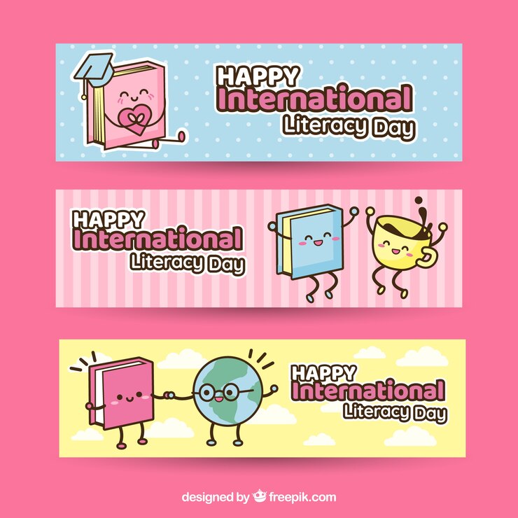 Free Vector funny banners of literacy characters