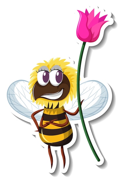 Free vector funny bee holding a flower cartoon character sticker