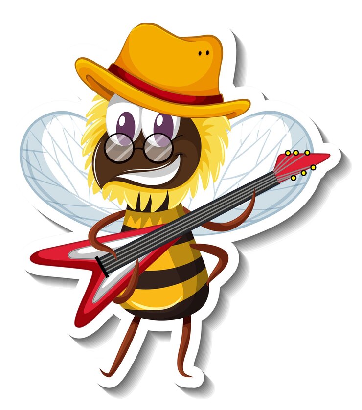 Free Vector funny bee playing guitar cartoon sticker