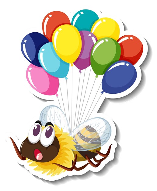 Free vector funny bee with colourful balloons cartoon sticker