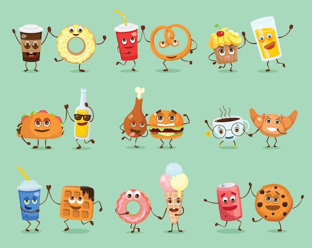 Funny best friends food characters with emotions includes fast food and fruits