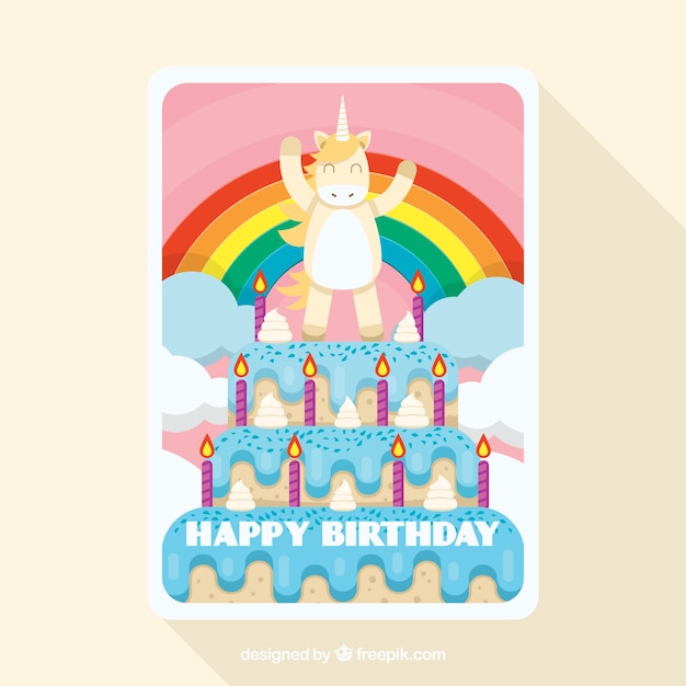 Vettore gratuito cartolina di compleanno divertente con un unicorno su una torta