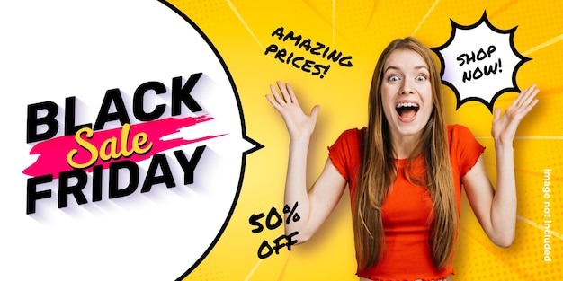 Funny Black Friday banner template with speech bubble and comic zoom background