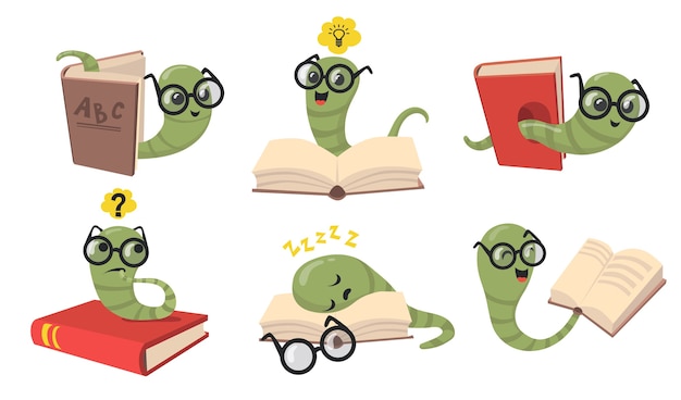Free vector funny bookworms flat item set. cartoon library worms in eyeglasses reading book, sleeping and smiling isolated vector illustration collection. animals and insects concept