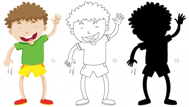 Free vector funny boy dancing in colour and silhouette and outline