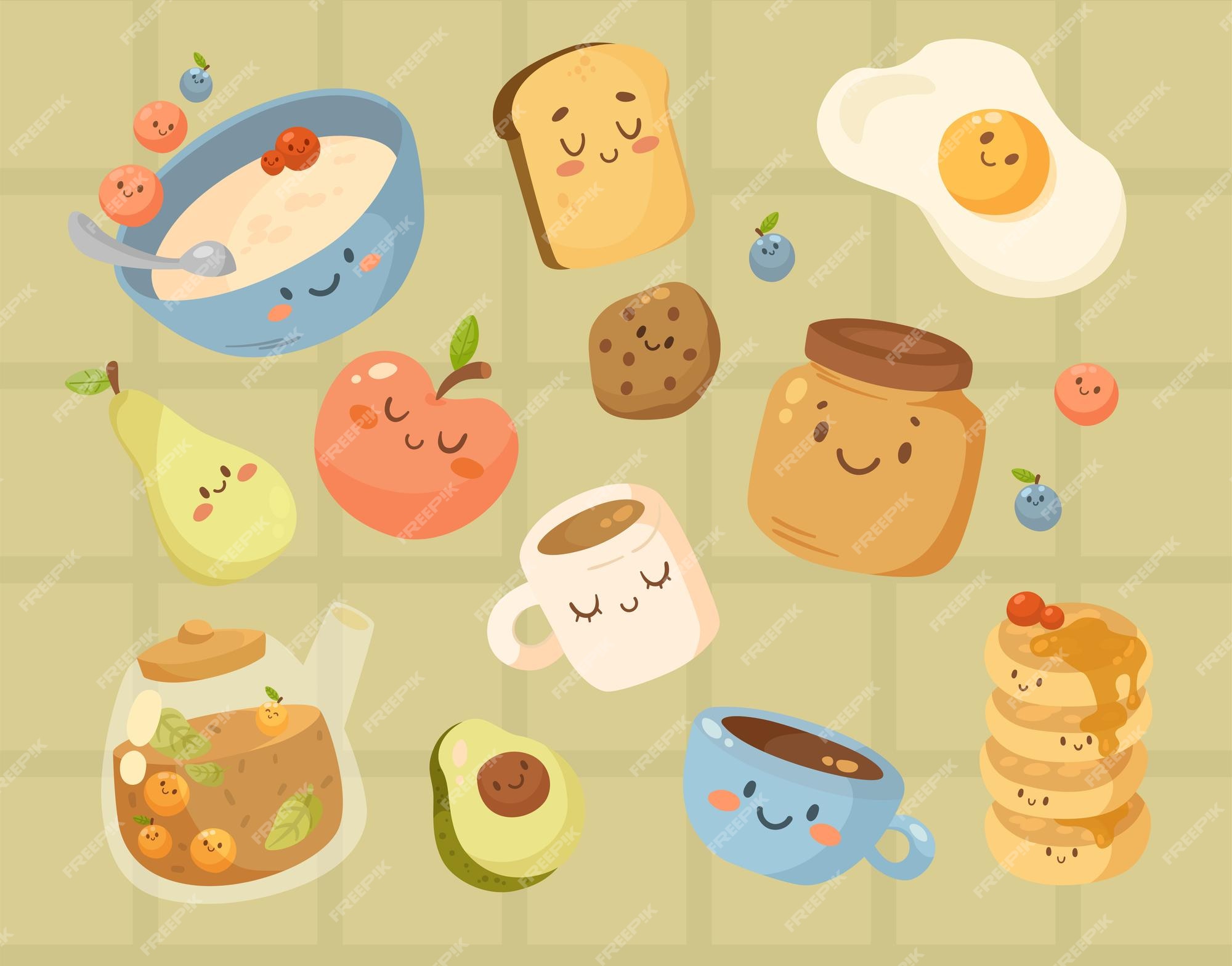 顔漫画イラストセットで面白い朝食の食べ物。かわいいお粥、果物、ベリー、ゆで卵、ビスケットのキャラクター。コーヒー、紅茶、ティーポット。食事、朝のルーチンの概念  無料のベクター