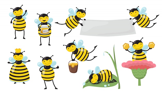 Free vector funny cartoon bee in different actions set