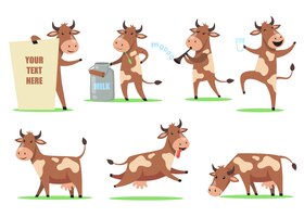 免费矢量有趣的卡通牛集可爱微笑的动物角色在不同的行动,快乐的跳舞一杯牛奶,嚼草,很开心。农场动物、奶制品、幽默