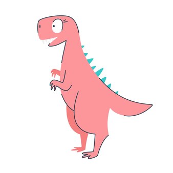 재미있는 만화 귀여운 핑크 공룡. 귀여운 행복 공룡 소녀입니다. 재미있는 핑크 드래곤 마스코트. 흰색 배경 위에 격리. 벡터 일러스트 레이 션.