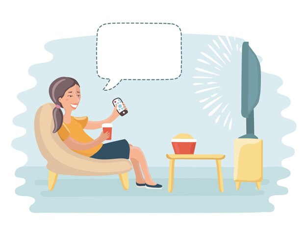 ソファに座ってテレビを見ている女性の漫画面白いイラスト プレミアムベクター