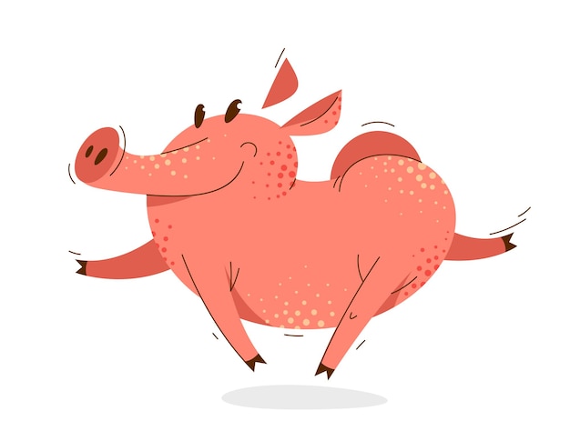 Смешная мультяшная свинья работает счастливой и веселой векторной иллюстрацией, активность счастлива, наслаждаясь рисованием животных свиней. Premium векторы