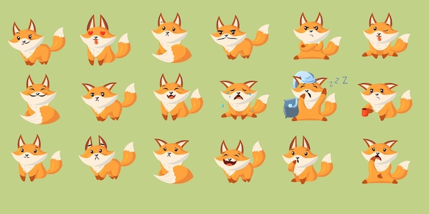 Free vector funny cartoon red fox with set of various emotions. cute baby animal smiling, crying, laughing, sleeping, feeling happy, angry, sad.