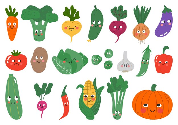 漫画の野菜 ビーガン野菜食品 トマト カボチャ ズッキーニ ニンジン ベジタリアンの新鮮な生野菜イラスト アイコンセット ベジタリアンズッキーニとにんじん かぼちゃ野菜 プレミアムベクター