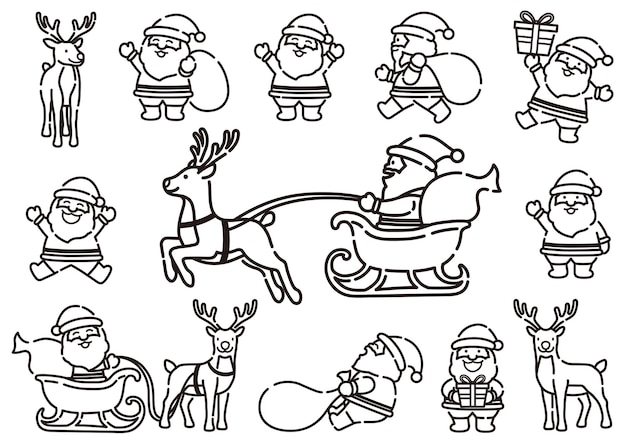 Free Vector funny cartoonish santa claus and reindeer set in dynamic poses vector illustration