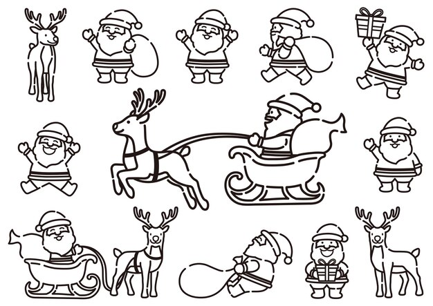 Funny Cartoonish Santa Claus And Reindeer Set In Dynamic Poses Vector Illustration