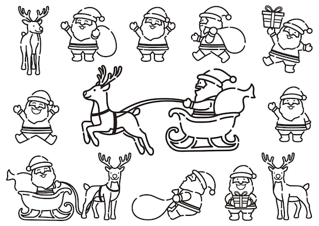 Funny Cartoonish Santa Claus And Reindeer Set In Dynamic Poses Vector Illustration