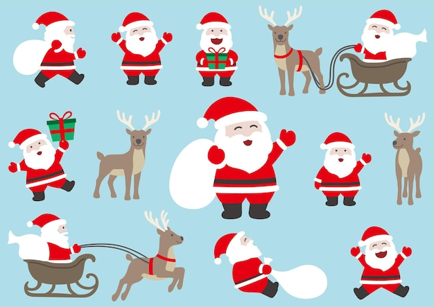 Забавный мультяшный Санта-Клаус и олени набор векторных плоских иллюстраций, изолированных на синем фоне