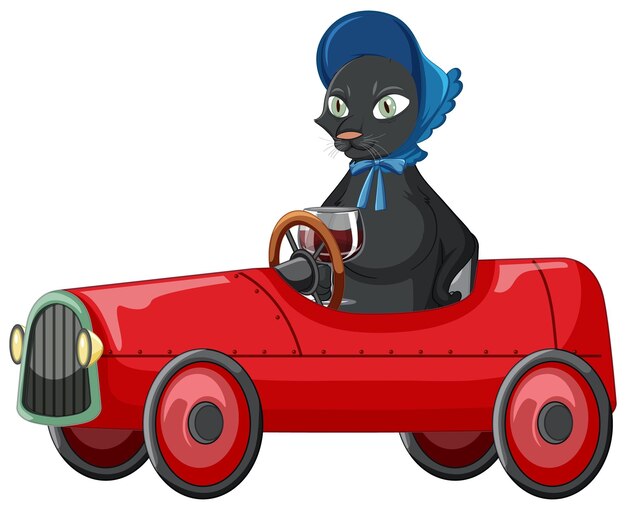 Funny cat cartoon character drive car on white background