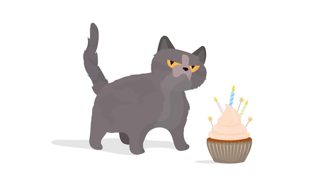 面白い猫はお祝いのカップケーキを保持しています クリーム マフィン お祝いのデザート お菓子のスイーツ カード Tシャツ ステッカーに適しています フラットスタイル ベクター プレミアムベクター