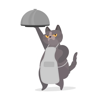 Забавный кот держит металлическую тарелку с крышкой. кот со смешным взглядом. подходит для наклеек, открыток и футболок. изолированный. вектор.