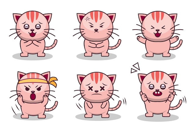さまざまな感情や行動の面白い猫は、グラフィックデザイナーのベクトルイラストのための漫画スタイルのキャラクター哺乳類愛らしい要素を持つマスコット動物をポーズします