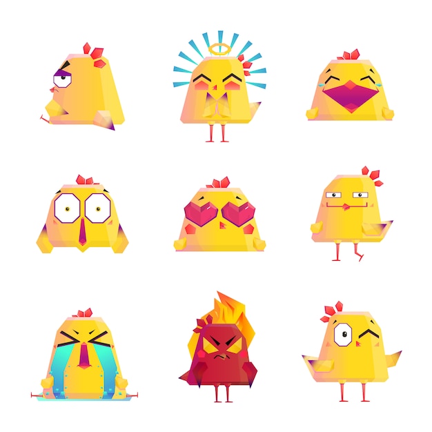 Funny chicken cartoon character icons set