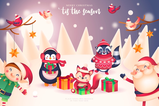 Funny christmas card with santa and friends